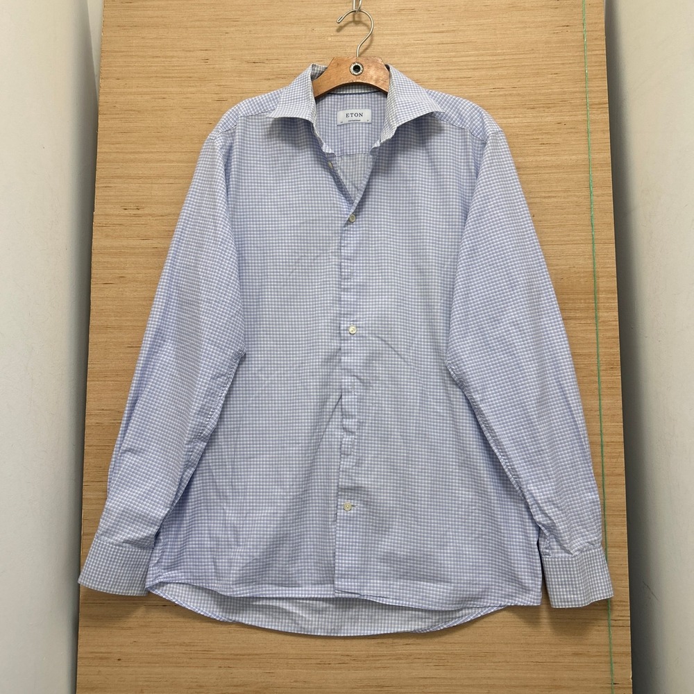 Eton Contemporary Fit Blue White Micro Check Dress Shirt Mens 17 43 Long Sleeve
